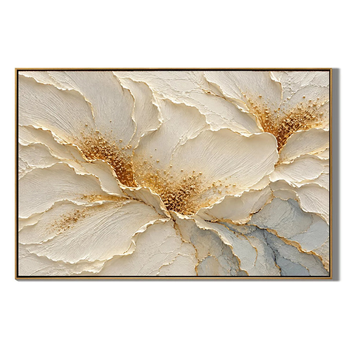 Ownanart Hand-Painted Cream White Floral Oil Painting – Gold Accents and Sculptural Texture Canvas Wall Art