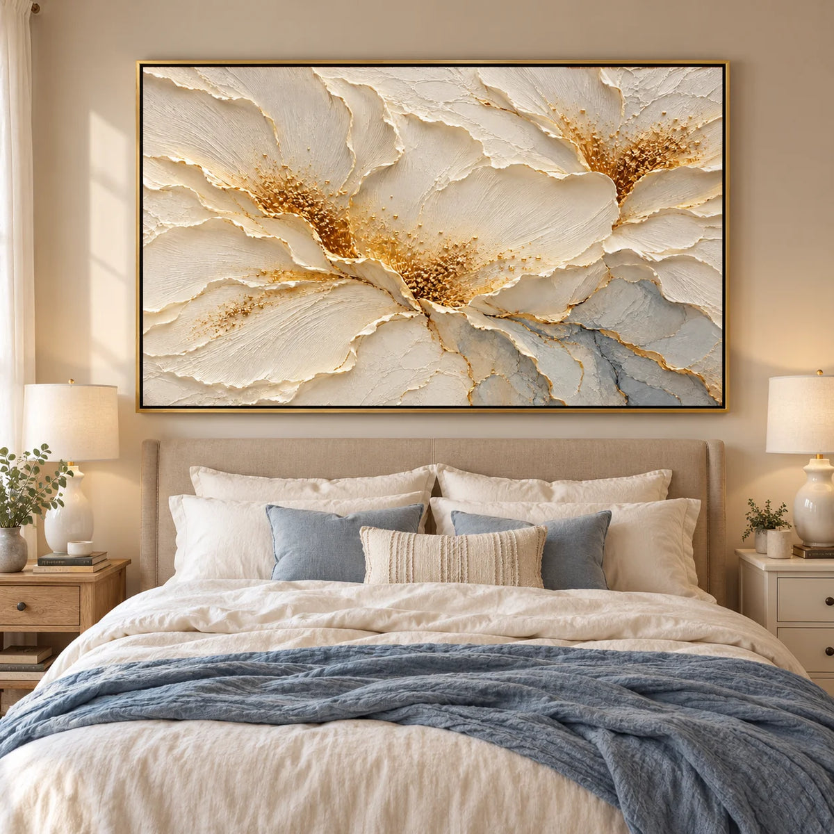 Ownanart Hand-Painted Cream White Floral Oil Painting – Gold Accents and Sculptural Texture Canvas Wall Art