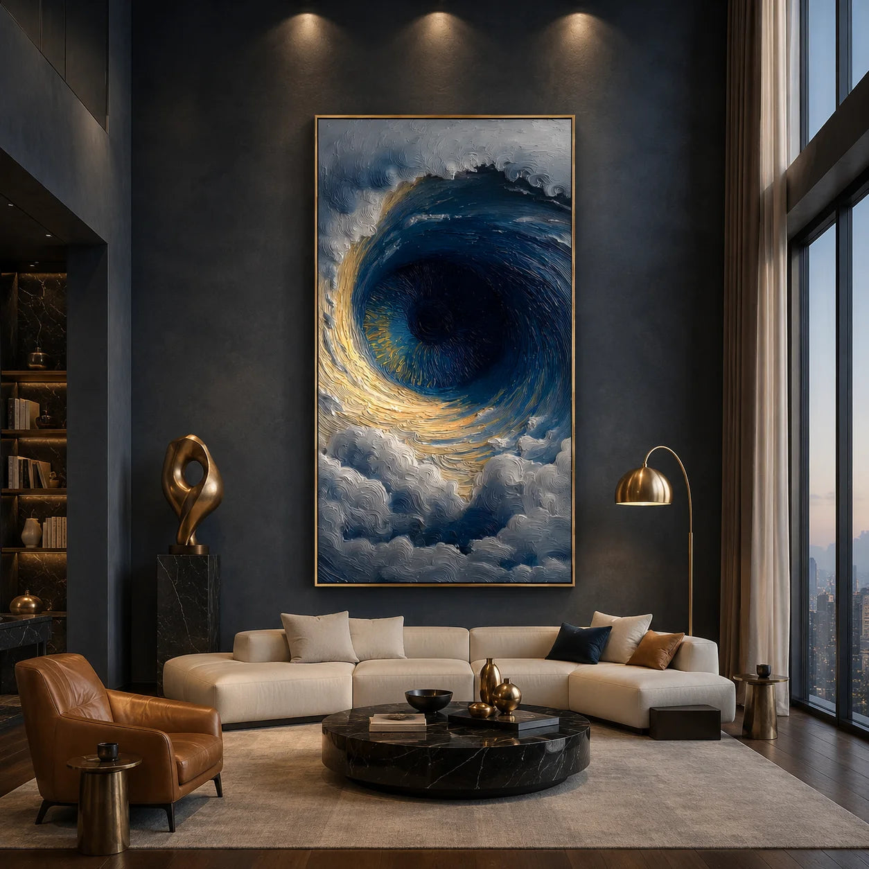 Ownanart Hand-Painted Deep Blue & Gold Eye of the Ocean Oil Painting | Modern Abstract Giant Wave Vortex & Cloud Textured Seascape Wall Art for Living Room, Bedroom and Entryway # OA 1343