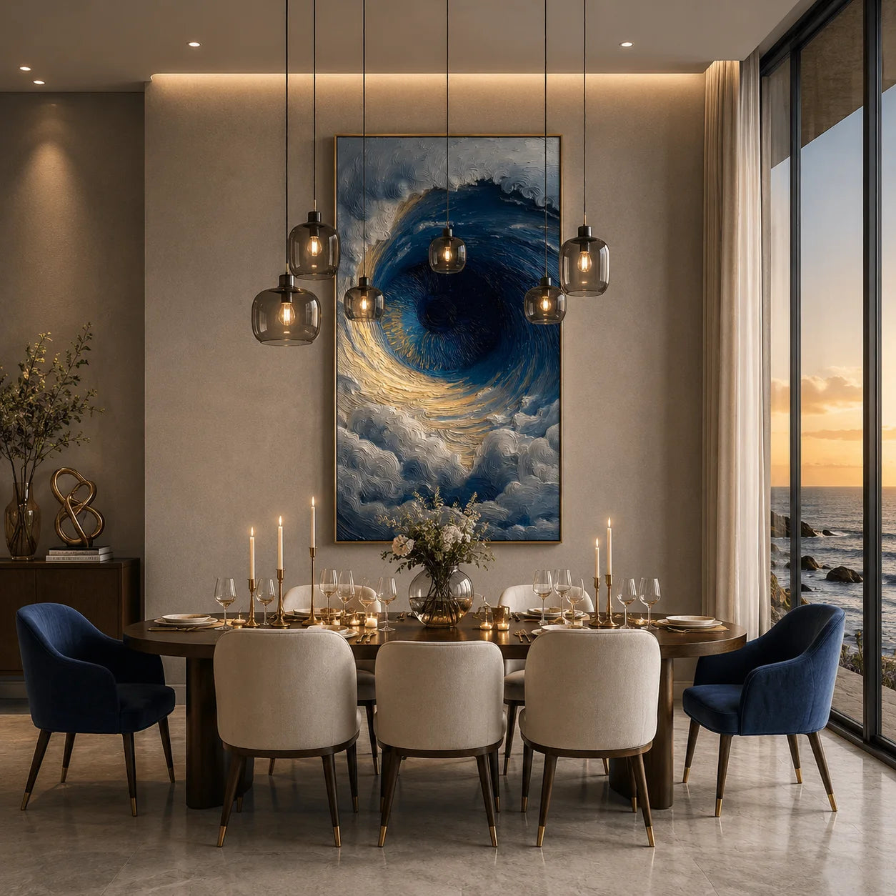 Ownanart Hand-Painted Deep Blue & Gold Eye of the Ocean Oil Painting | Modern Abstract Giant Wave Vortex & Cloud Textured Seascape Wall Art for Living Room, Bedroom and Entryway # OA 1343