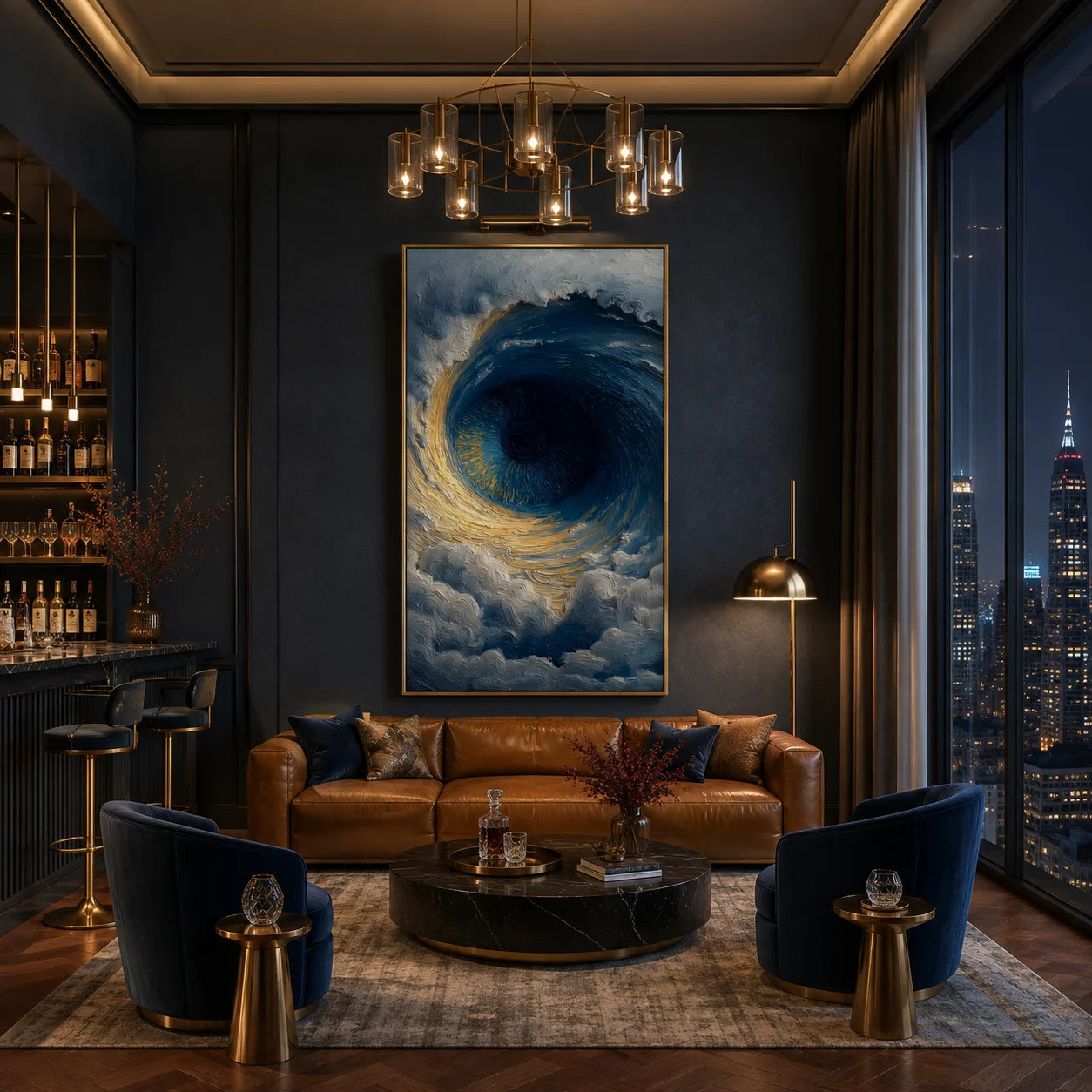 Ownanart Hand-Painted Deep Blue & Gold Eye of the Ocean Oil Painting | Modern Abstract Giant Wave Vortex & Cloud Textured Seascape Wall Art for Living Room, Bedroom and Entryway # OA 1343