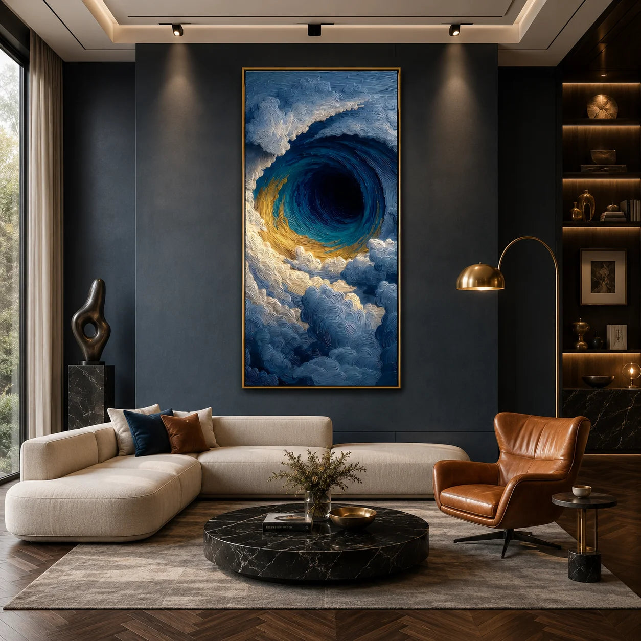 Ownanart Hand-Painted Deep Blue & Gold Eye of the Ocean Vortex Oil Painting | Modern Abstract Giant Wave, Storm Clouds & Textured Seascape Wall Art for Living Room, Bedroom and Entryway # OA 1347