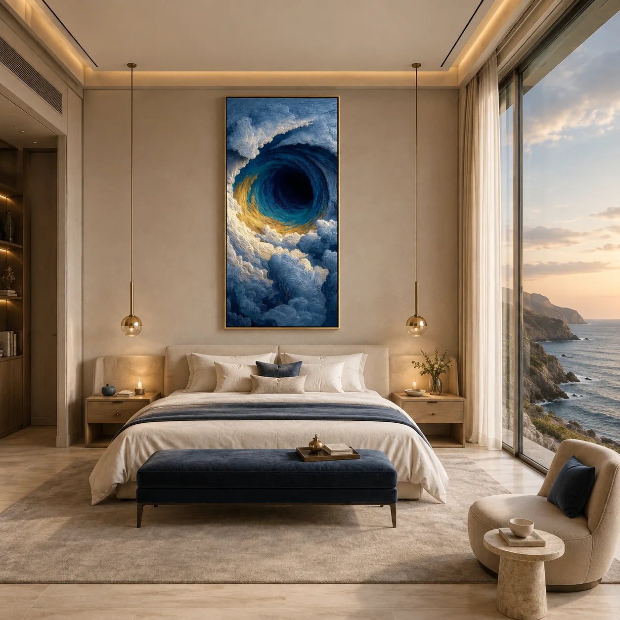 Ownanart Hand-Painted Deep Blue & Gold Eye of the Ocean Vortex Oil Painting | Modern Abstract Giant Wave, Storm Clouds & Textured Seascape Wall Art for Living Room, Bedroom and Entryway # OA 1347