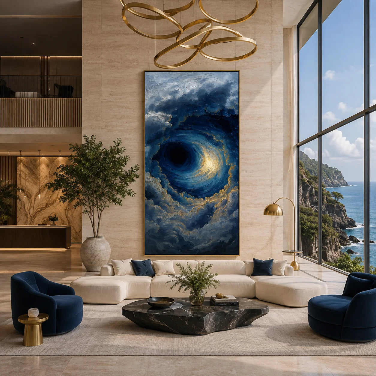 Ownanart Hand-Painted Deep Blue & Gold Ocean Storm Vortex Oil Painting | Modern Abstract Giant Wave, Swirling Clouds & Textured Seascape Wall Art for Living Room and Bedroom # OA 1344