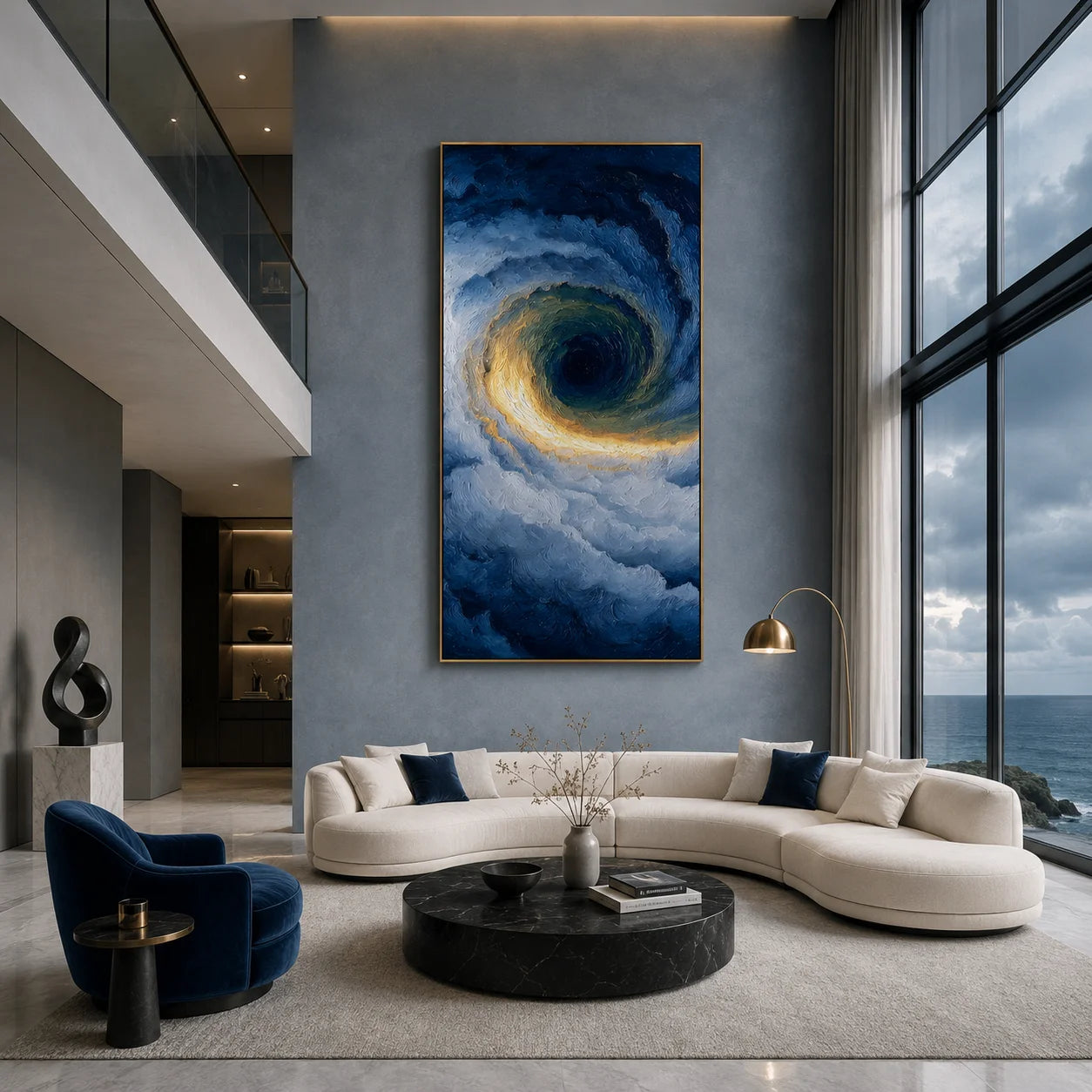 Ownanart Hand-Painted Deep Blue & Gold Ocean Vortex Oil Painting | Modern Abstract Storm Wave & Cloud Textured Seascape Wall Art for Living Room, Bedroom and Entryway # OA 1342