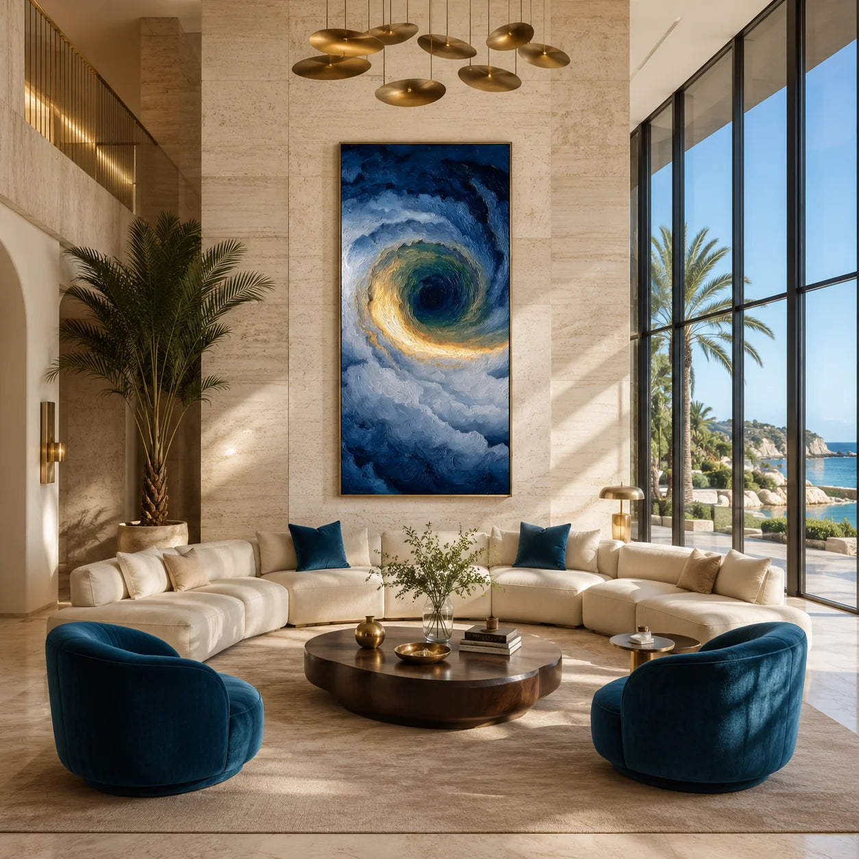 Ownanart Hand-Painted Deep Blue & Gold Ocean Vortex Oil Painting | Modern Abstract Storm Wave & Cloud Textured Seascape Wall Art for Living Room, Bedroom and Entryway # OA 1342