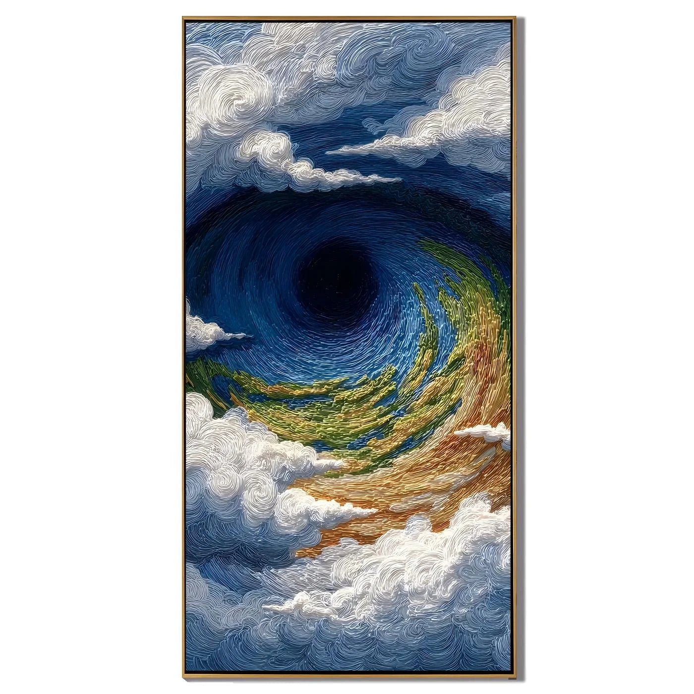 Ownanart Hand-Painted Deep Blue, Green & Gold Ocean Vortex Wave Oil Painting | Modern Abstract Textured Stormy Seascape & Cloud Wall Art for Living Room, Bedroom and Entryway # OA 1345