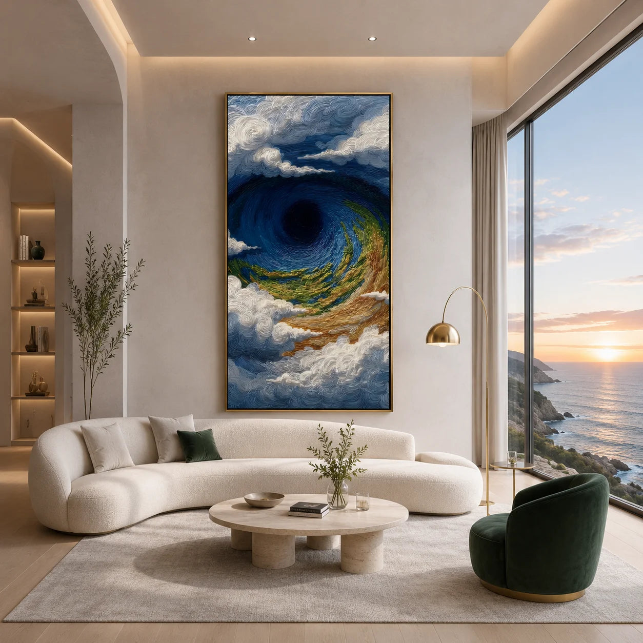 Ownanart Hand-Painted Deep Blue, Green & Gold Ocean Vortex Wave Oil Painting | Modern Abstract Textured Stormy Seascape & Cloud Wall Art for Living Room, Bedroom and Entryway # OA 1345