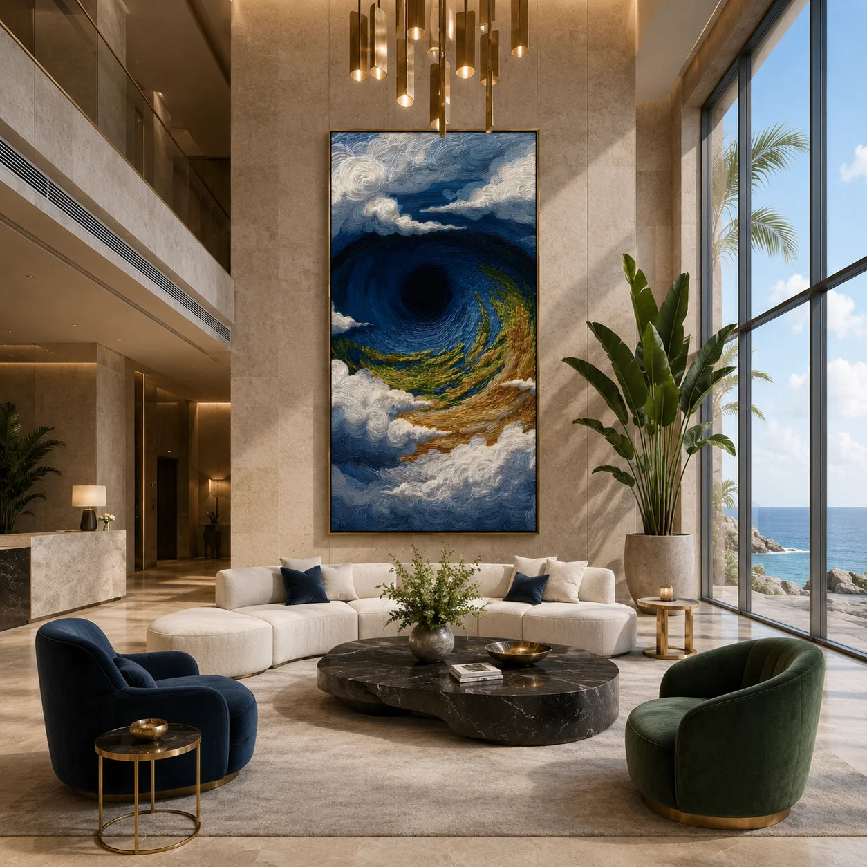 Ownanart Hand-Painted Deep Blue, Green & Gold Ocean Vortex Wave Oil Painting | Modern Abstract Textured Stormy Seascape & Cloud Wall Art for Living Room, Bedroom and Entryway # OA 1345