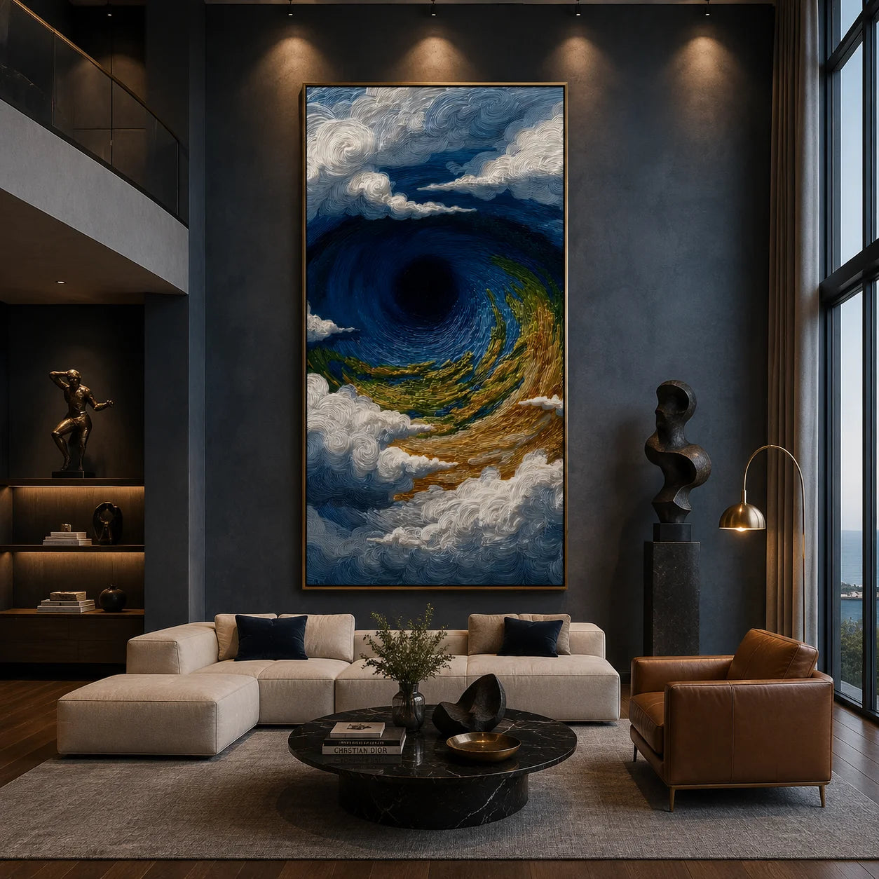 Ownanart Hand-Painted Deep Blue, Green & Gold Ocean Vortex Wave Oil Painting | Modern Abstract Textured Stormy Seascape & Cloud Wall Art for Living Room, Bedroom and Entryway # OA 1345