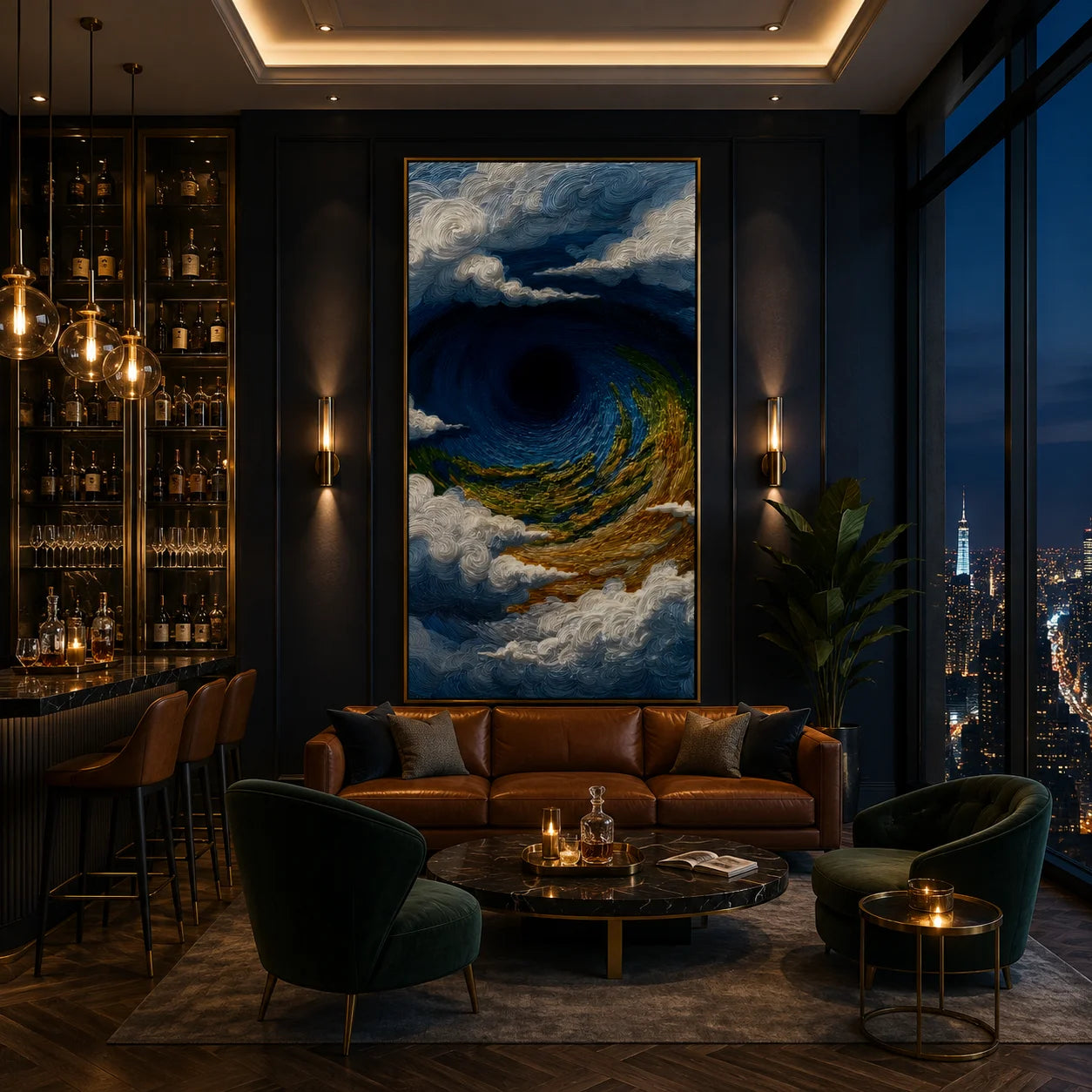 Ownanart Hand-Painted Deep Blue, Green & Gold Ocean Vortex Wave Oil Painting | Modern Abstract Textured Stormy Seascape & Cloud Wall Art for Living Room, Bedroom and Entryway # OA 1345