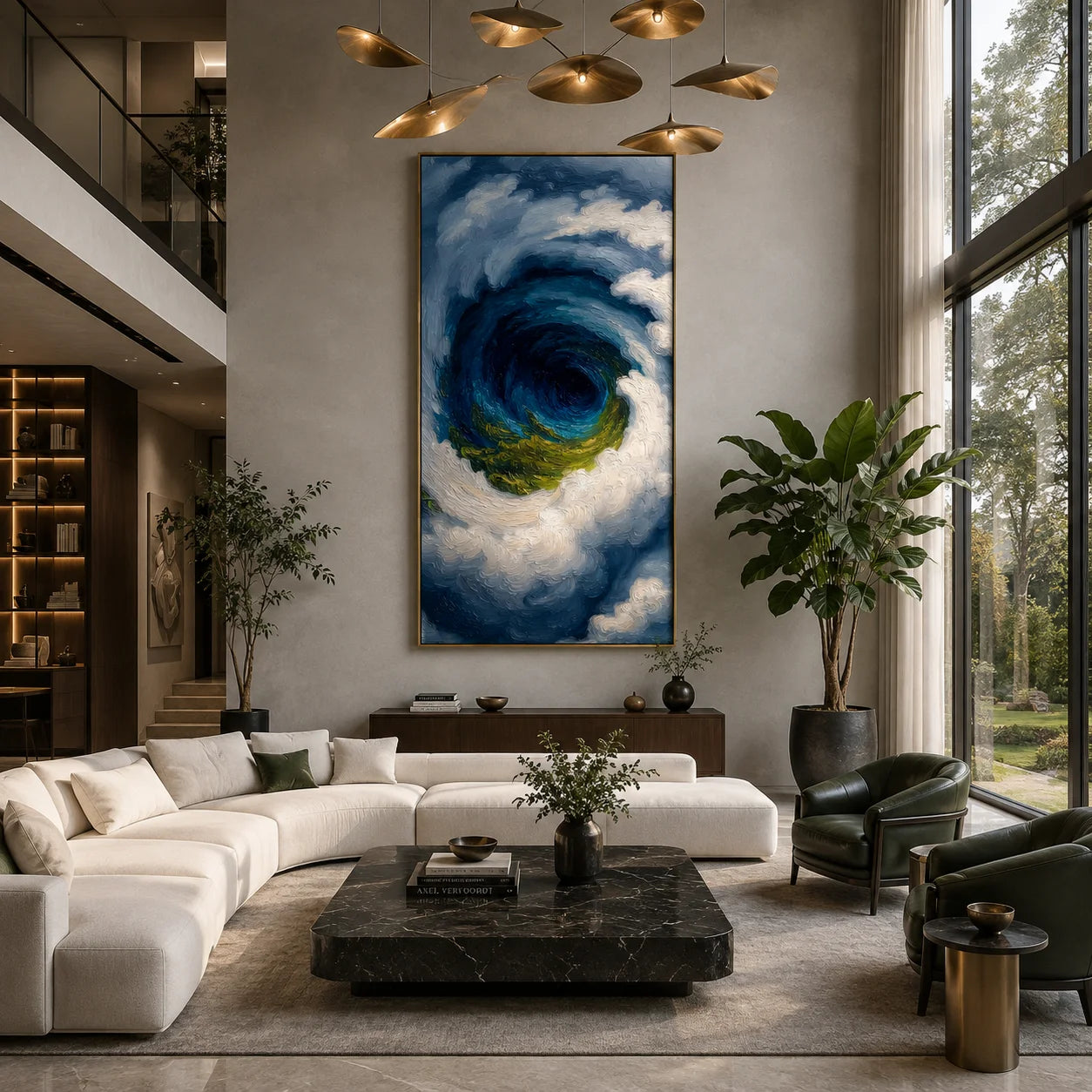 Ownanart Hand-Painted Deep Blue & Green Ocean Vortex Oil Painting | Modern Abstract Giant Wave, Storm & Cloud Textured Seascape Wall Art for Living Room, Bedroom and Entryway # OA 1346