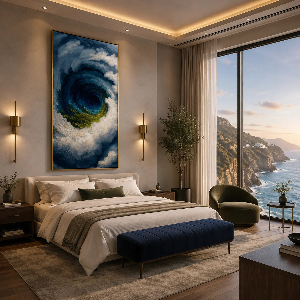Ownanart Hand-Painted Deep Blue & Green Ocean Vortex Oil Painting | Modern Abstract Giant Wave, Storm & Cloud Textured Seascape Wall Art for Living Room, Bedroom and Entryway # OA 1346