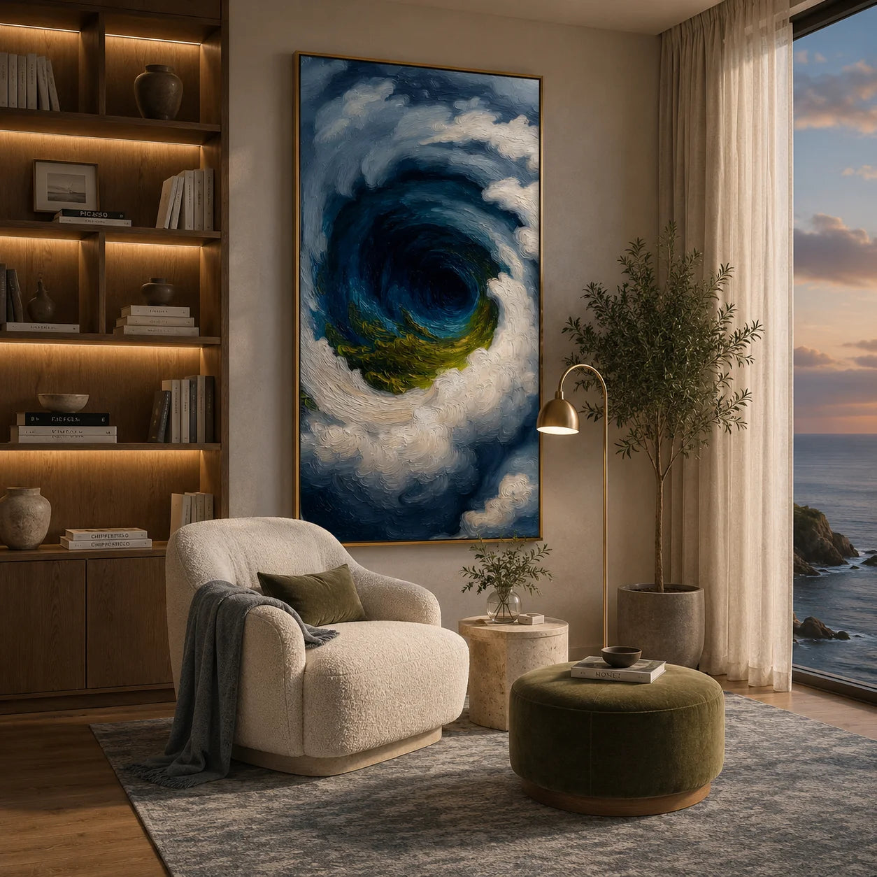 Ownanart Hand-Painted Deep Blue & Green Ocean Vortex Oil Painting | Modern Abstract Giant Wave, Storm & Cloud Textured Seascape Wall Art for Living Room, Bedroom and Entryway # OA 1346