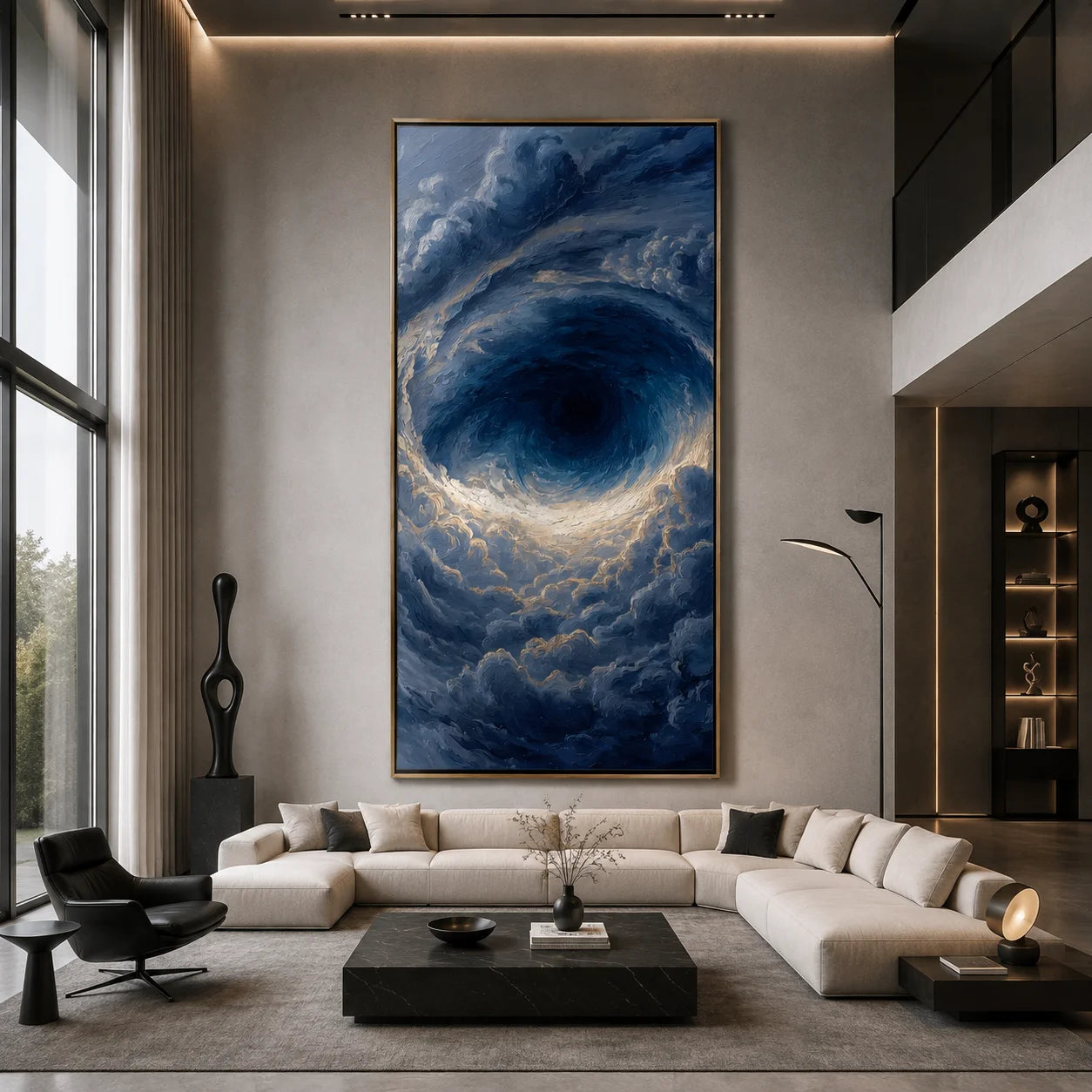 Ownanart Hand-Painted Deep Blue Ocean Vortex Oil Painting | Modern Abstract Storm Wave & Cloud Textured Seascape Wall Art for Living Room, Bedroom and Entryway # OA 1341