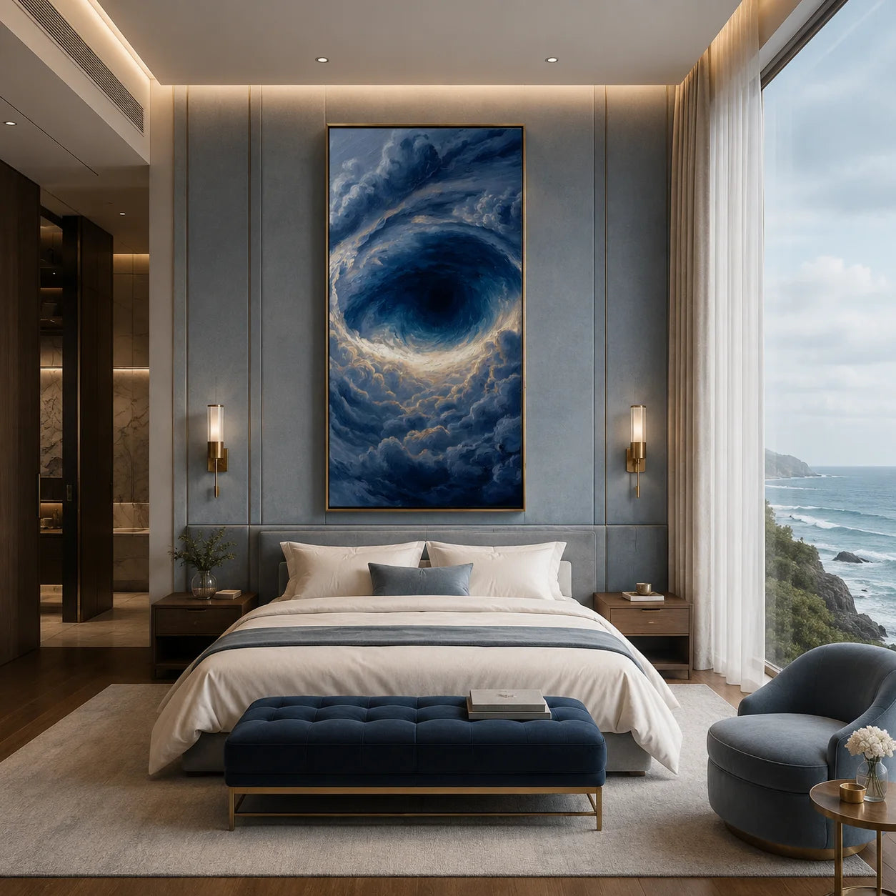 Ownanart Hand-Painted Deep Blue Ocean Vortex Oil Painting | Modern Abstract Storm Wave & Cloud Textured Seascape Wall Art for Living Room, Bedroom and Entryway # OA 1341