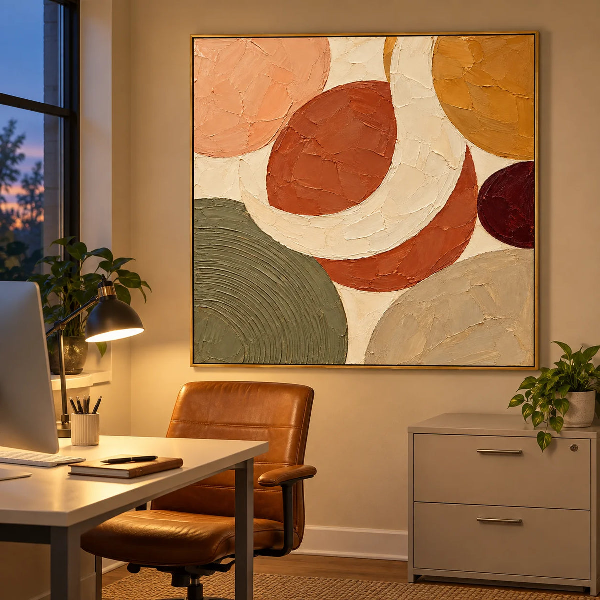 Ownanart Hand-Painted Earth Tone Abstract Oil Painting – Terracotta, Olive Green & Ochre Geometric Shapes, Square Textured Wall Art