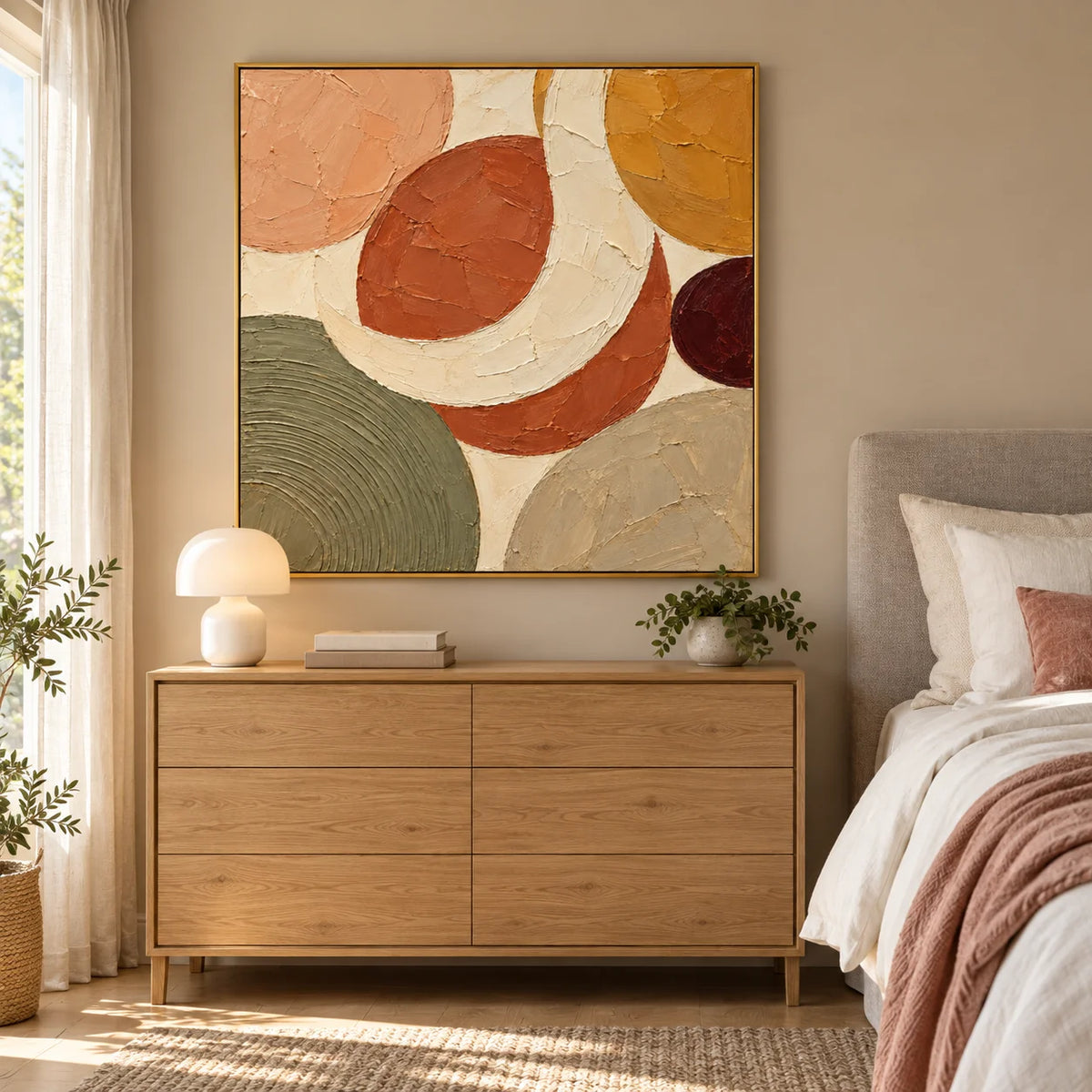 Ownanart Hand-Painted Earth Tone Abstract Oil Painting – Terracotta, Olive Green & Ochre Geometric Shapes, Square Textured Wall Art