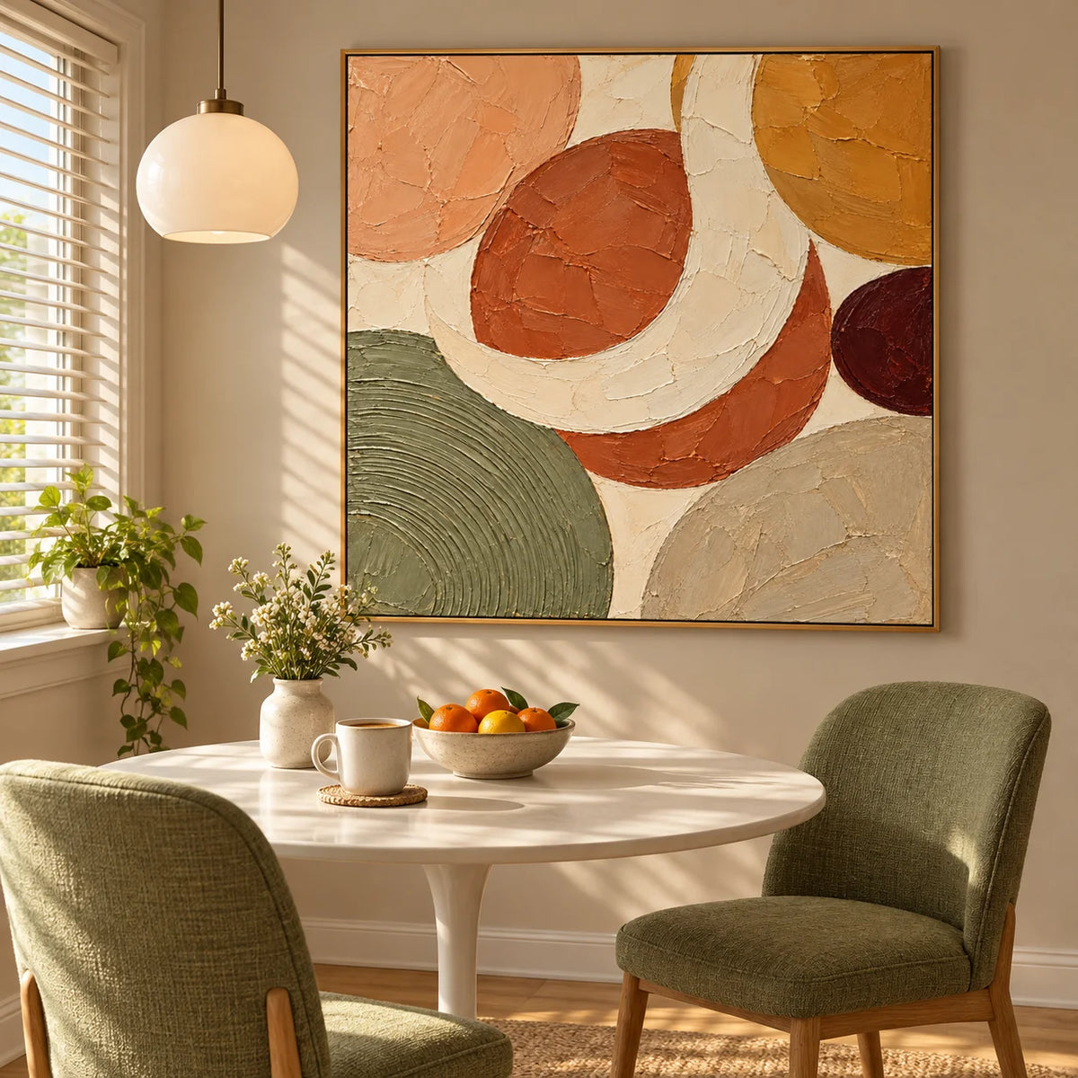 Ownanart Hand-Painted Earth Tone Abstract Oil Painting – Terracotta, Olive Green & Ochre Geometric Shapes, Square Textured Wall Art
