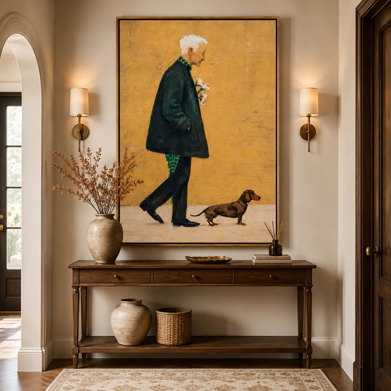 Hand-Painted Elderly Man Walking Dog Oil Painting, Warm Vintage Portrait Canvas Wall Art for Cozy Home Decor#OA 0941