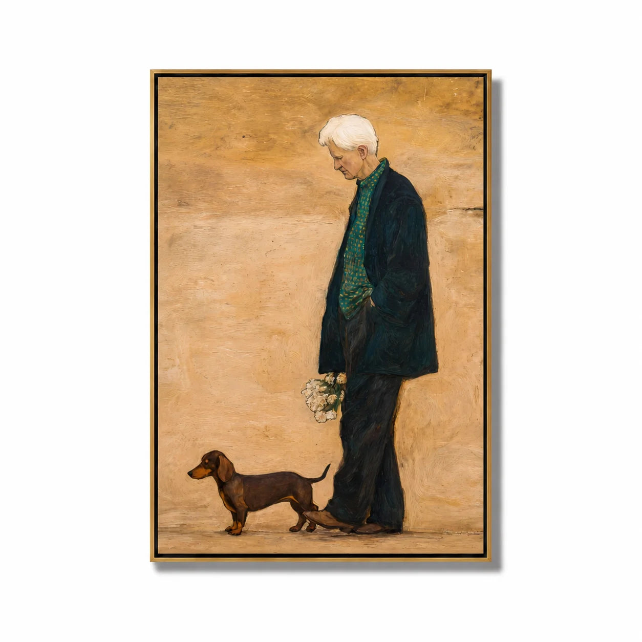 Hand-Painted Elderly Man with Dog Oil Painting, Vintage Portrait Canvas Wall Art for Warm Home Decor#OA 0940