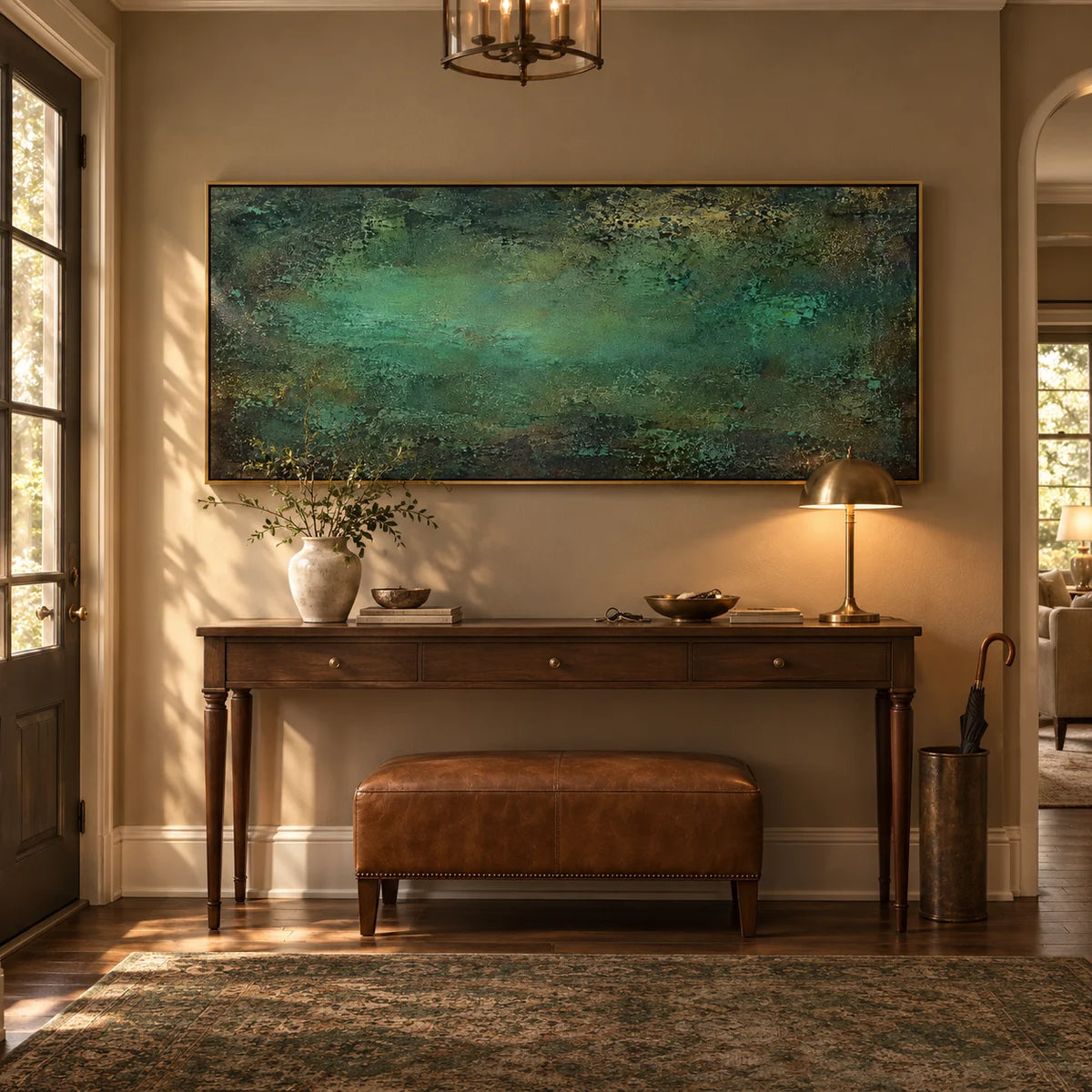 Ownanart Hand-Painted Emerald Green Abstract Textured Oil Painting – Dark Teal, Turquoise and Forest Green Modern Impasto Wall Art for Living Room and Contemporary Home Decor