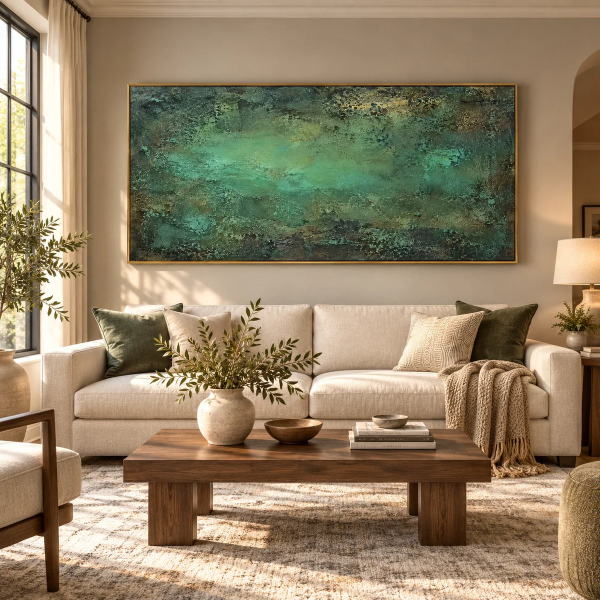 Ownanart Hand-Painted Emerald Green Abstract Textured Oil Painting – Dark Teal, Turquoise and Forest Green Modern Impasto Wall Art for Living Room and Contemporary Home Decor