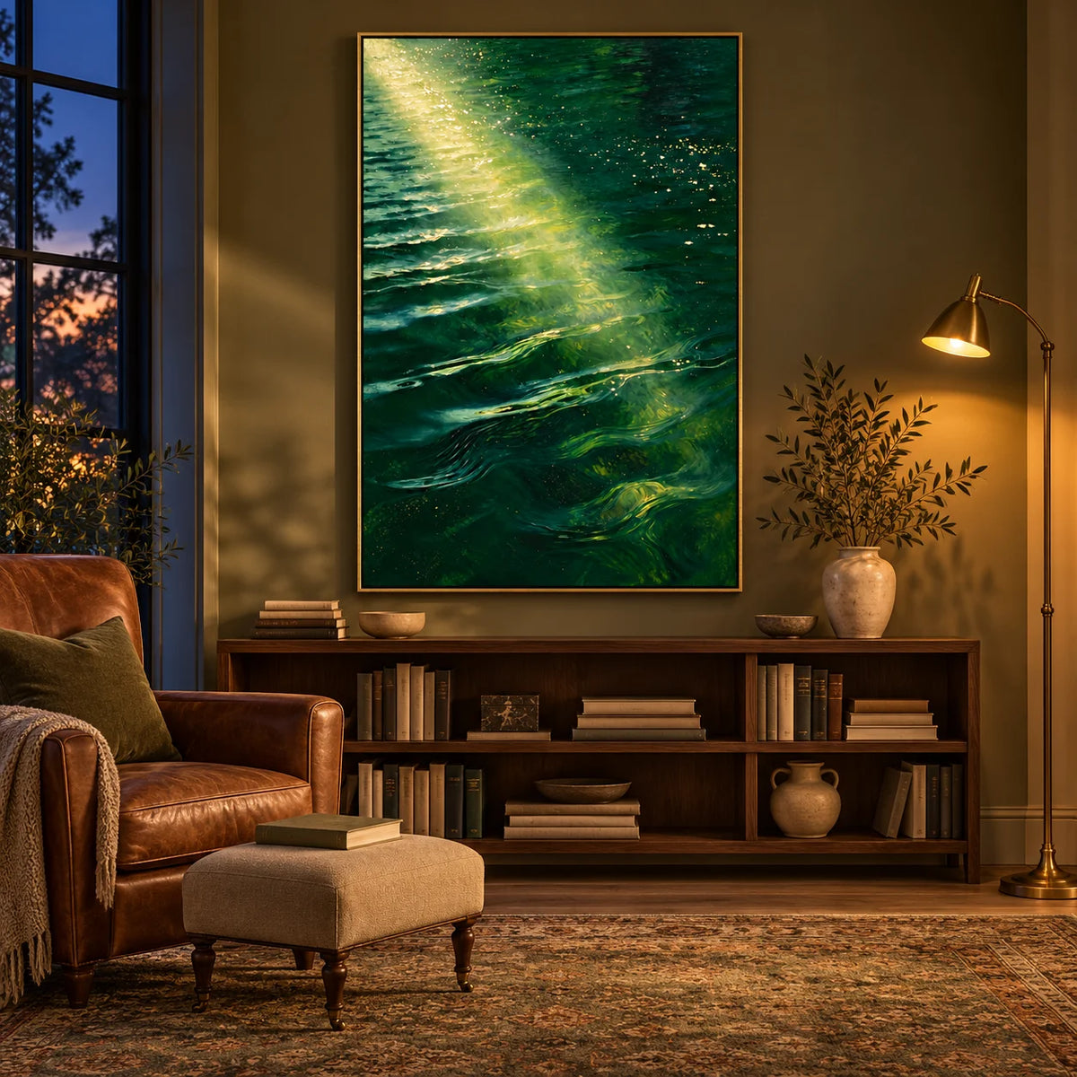 Ownanart Hand-Painted Emerald Green Ocean Oil Painting – Sunlit Waves and Golden Reflections, Coastal Wall Art