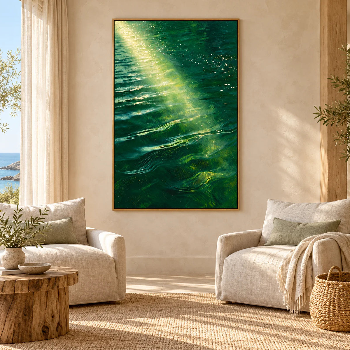 Ownanart Hand-Painted Emerald Green Ocean Oil Painting – Sunlit Waves and Golden Reflections, Coastal Wall Art