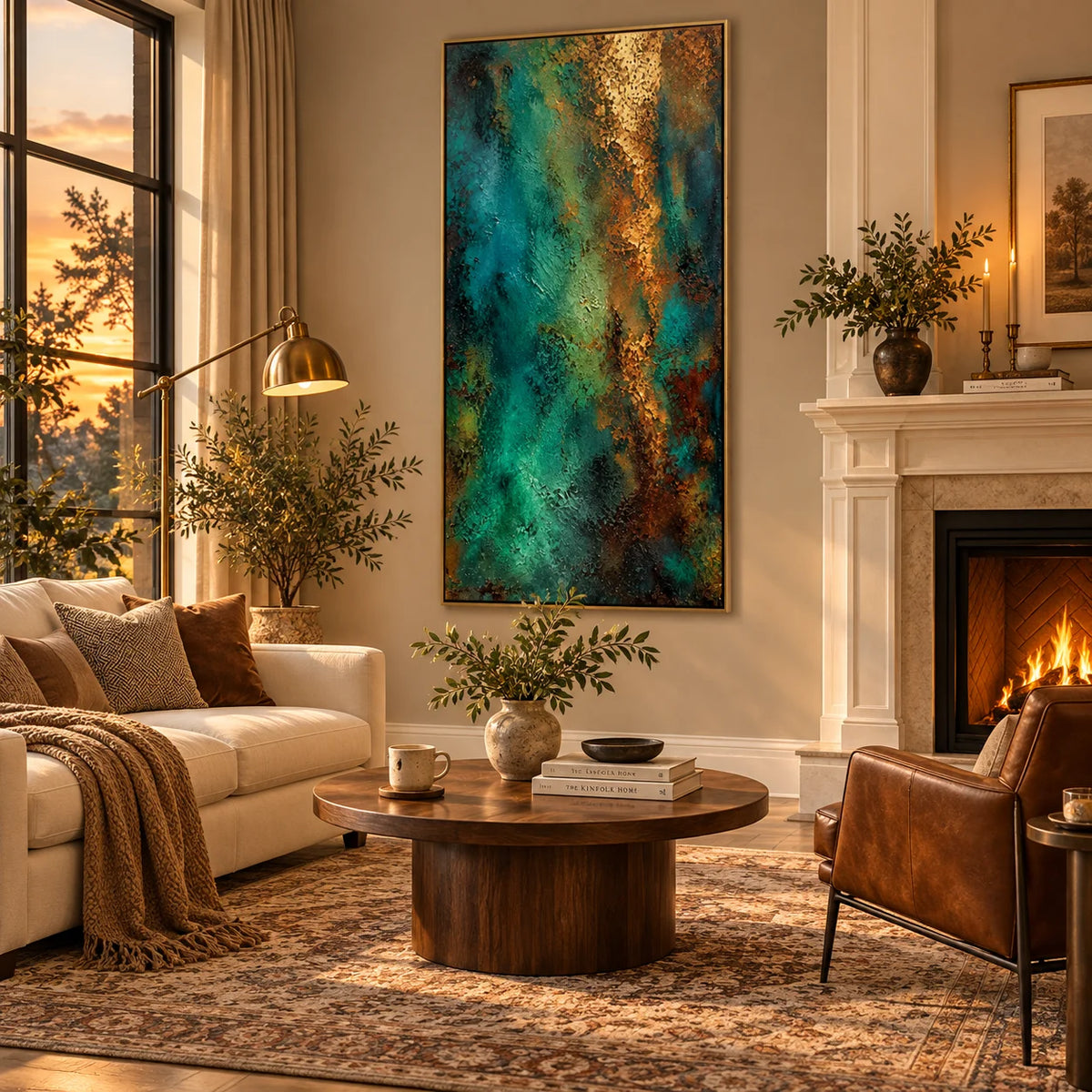 Ownanart Hand-Painted Emerald Green and Gold Abstract Textured Oil Painting – Dark Teal, Turquoise and Metallic Gold 3D Impasto Wall Art, Modern Luxury Vertical Abstract Canvas Art for Living Room