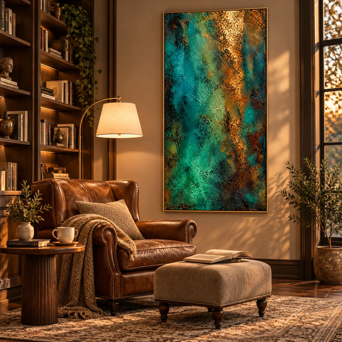 Ownanart Hand-Painted Emerald Green and Gold Abstract Textured Oil Painting – Dark Teal, Turquoise and Metallic Gold 3D Impasto Wall Art, Modern Luxury Vertical Abstract Canvas Art for Living Room