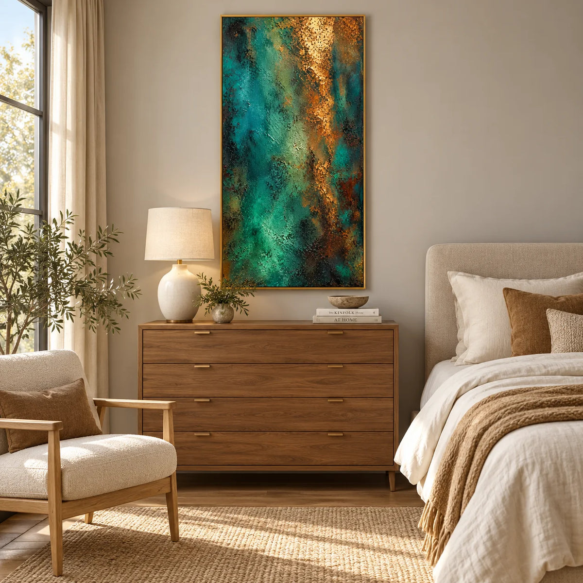 Ownanart Hand-Painted Emerald Green and Gold Abstract Textured Oil Painting – Dark Teal, Turquoise and Metallic Gold 3D Impasto Wall Art, Modern Luxury Vertical Abstract Canvas Art for Living Room