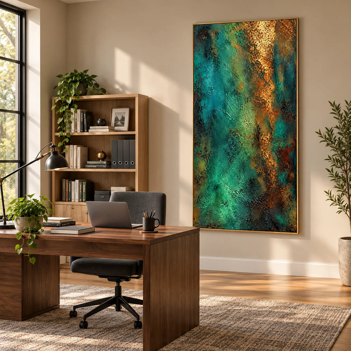 Ownanart Hand-Painted Emerald Green and Gold Abstract Textured Oil Painting – Dark Teal, Turquoise and Metallic Gold 3D Impasto Wall Art, Modern Luxury Vertical Abstract Canvas Art for Living Room