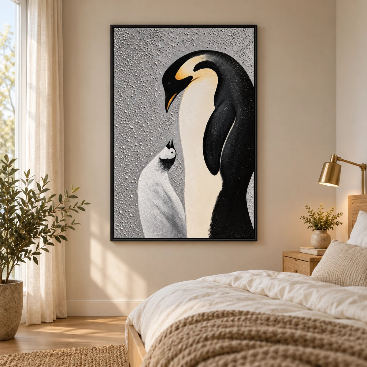 Ownanart Hand-Painted Emperor Penguin and Chick Oil Painting – Modern Animal Art, 3D Textured Vertical Impasto Canvas Wall Art for Living Room Bedroom Entryway and Office #OA 1589