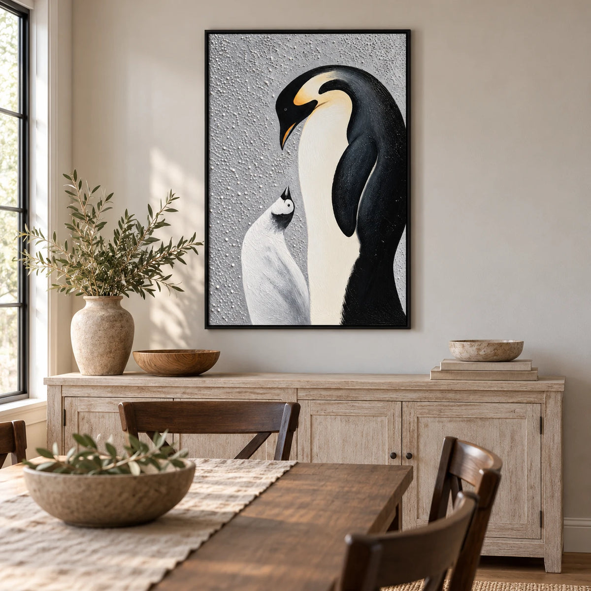 Ownanart Hand-Painted Emperor Penguin and Chick Oil Painting – Modern Animal Art, 3D Textured Vertical Impasto Canvas Wall Art for Living Room Bedroom Entryway and Office #OA 1589
