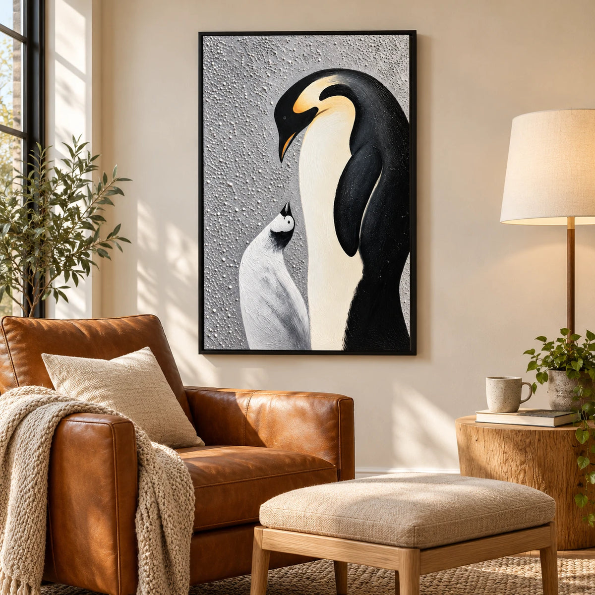 Ownanart Hand-Painted Emperor Penguin and Chick Oil Painting – Modern Animal Art, 3D Textured Vertical Impasto Canvas Wall Art for Living Room Bedroom Entryway and Office #OA 1589