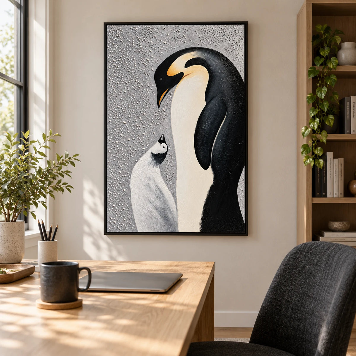 Ownanart Hand-Painted Emperor Penguin and Chick Oil Painting – Modern Animal Art, 3D Textured Vertical Impasto Canvas Wall Art for Living Room Bedroom Entryway and Office #OA 1589