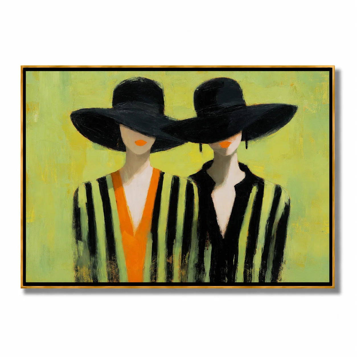 Hand-Painted Fashion Portrait Oil Painting, Two Women in Black Hats Wall Art for Modern Chic Home Decor#OA 0996