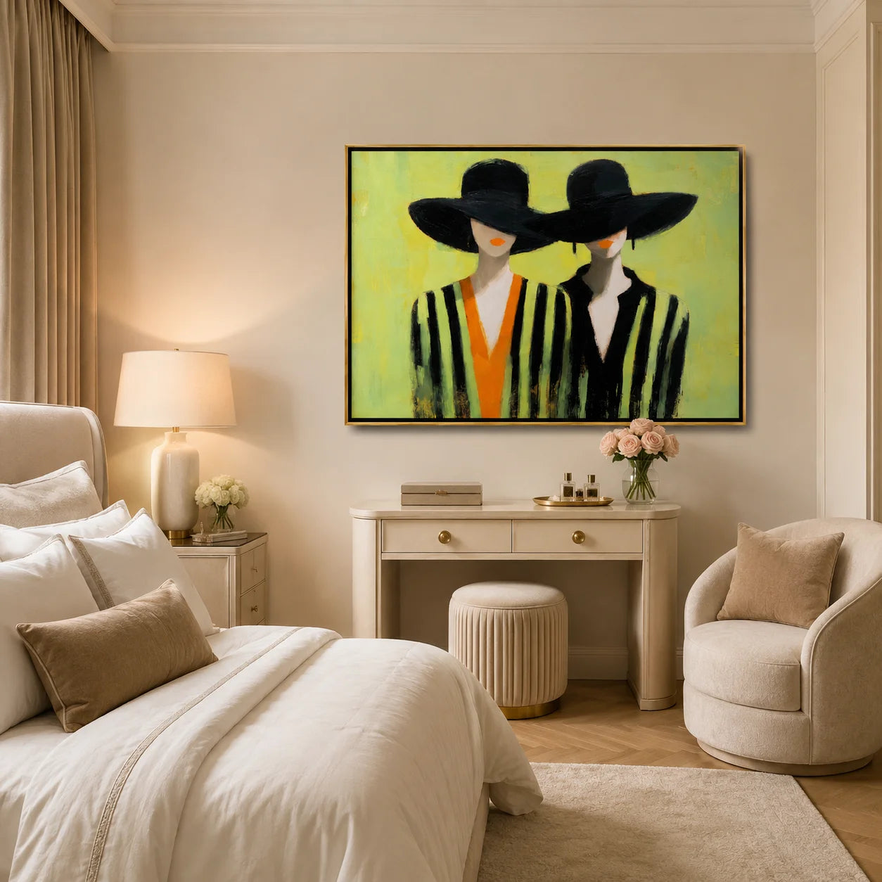 Hand-Painted Fashion Portrait Oil Painting, Two Women in Black Hats Wall Art for Modern Chic Home Decor#OA 0996