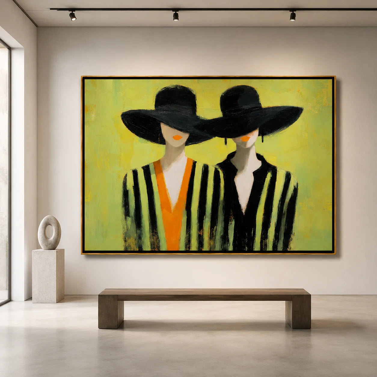 Hand-Painted Fashion Portrait Oil Painting, Two Women in Black Hats Wall Art for Modern Chic Home Decor#OA 0996