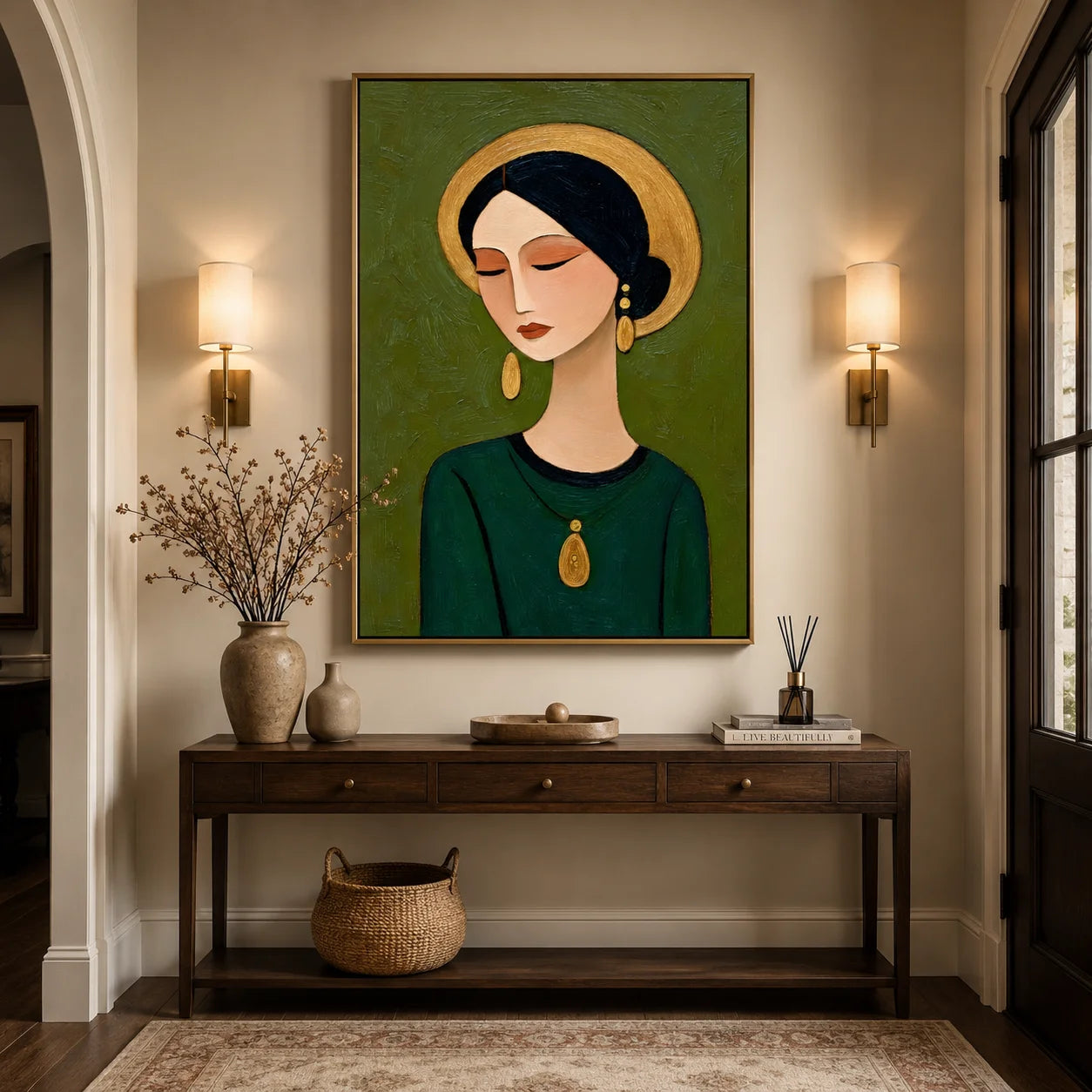 Hand-Painted Female Portrait Oil Painting, Textured Green Figurative Wall Art for Modern Home Decor #OA 0912