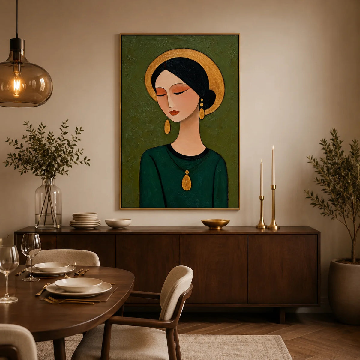 Hand-Painted Female Portrait Oil Painting, Textured Green Figurative Wall Art for Modern Home Decor