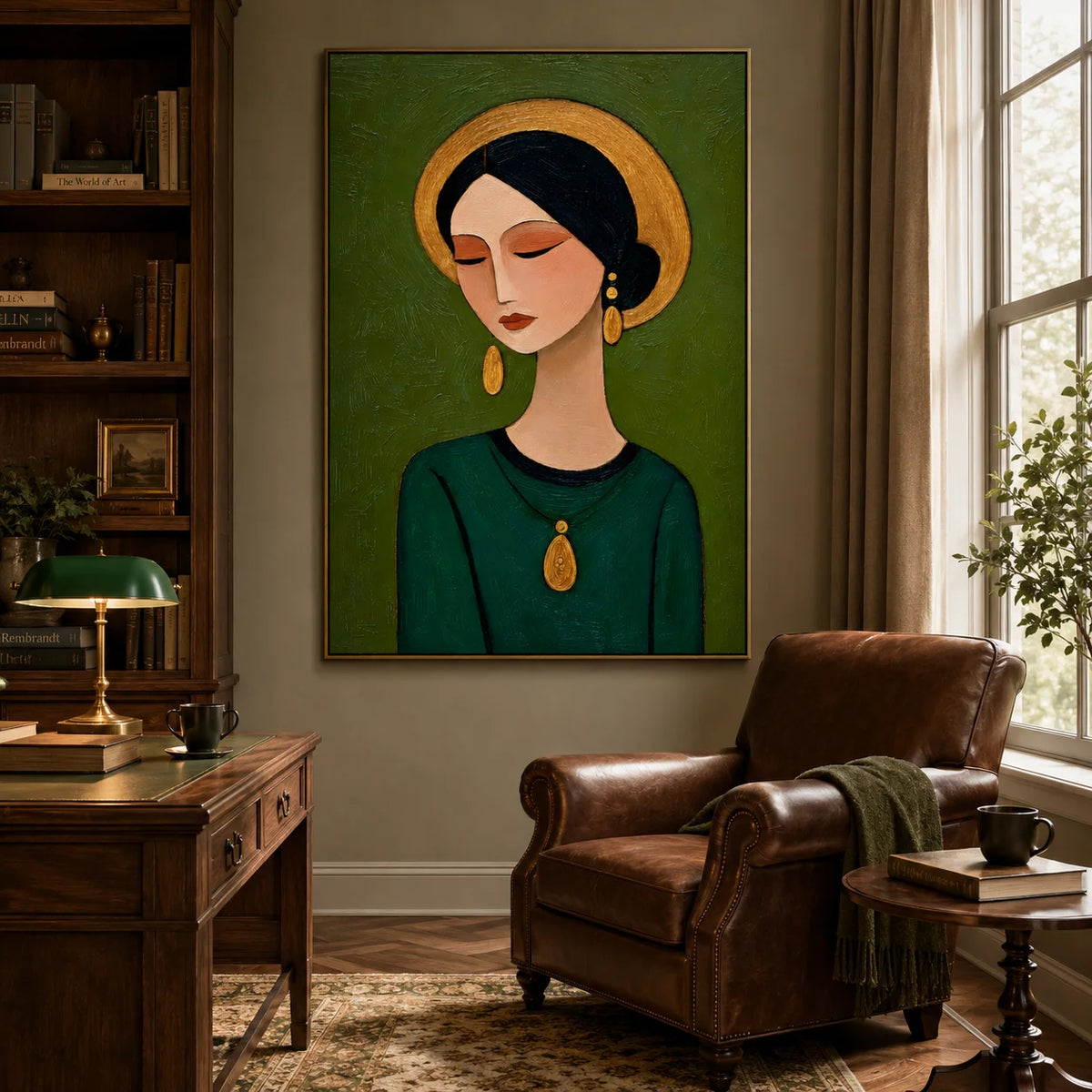 Hand-Painted Female Portrait Oil Painting, Textured Green Figurative Wall Art for Modern Home Decor