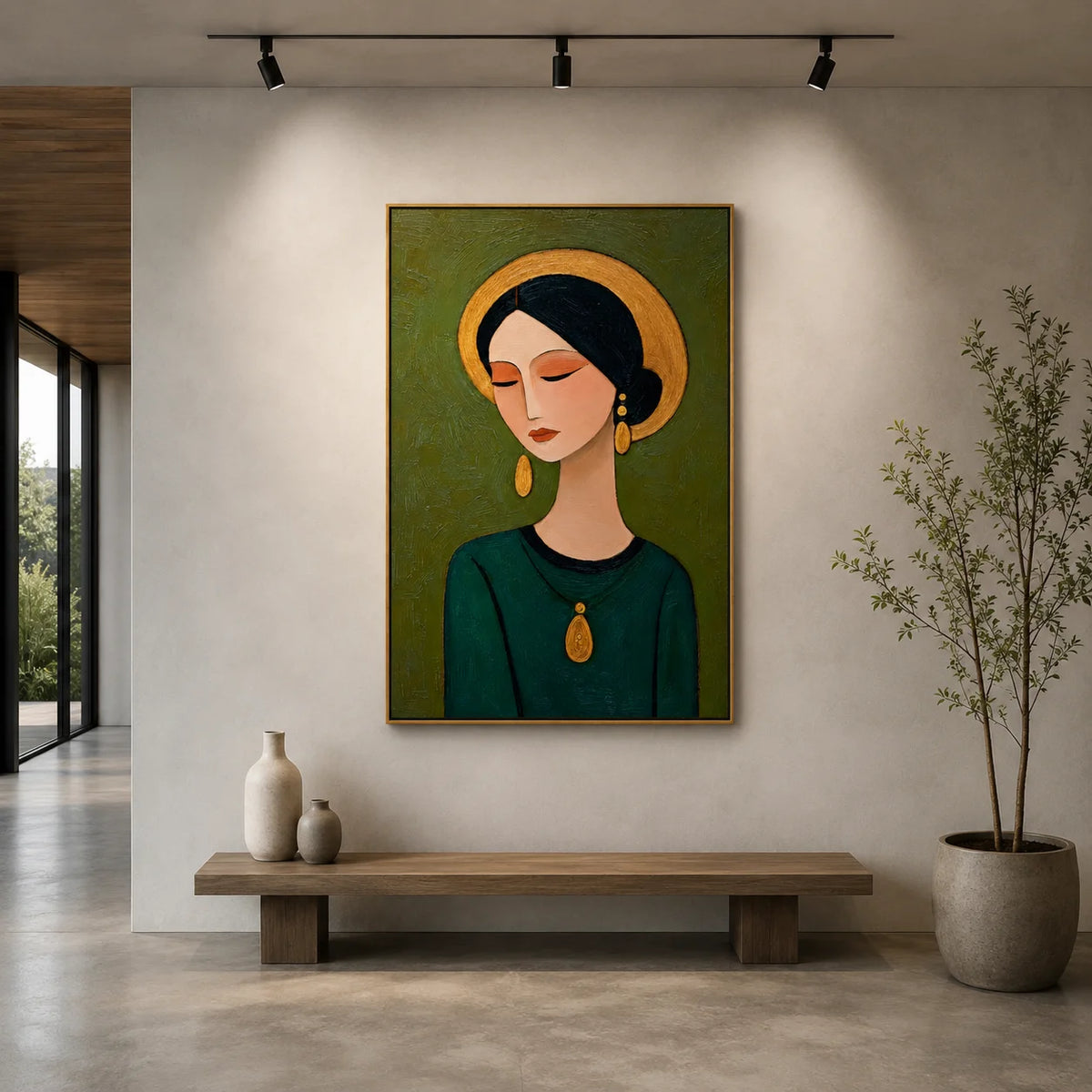 Hand-Painted Female Portrait Oil Painting, Textured Green Figurative Wall Art for Modern Home Decor