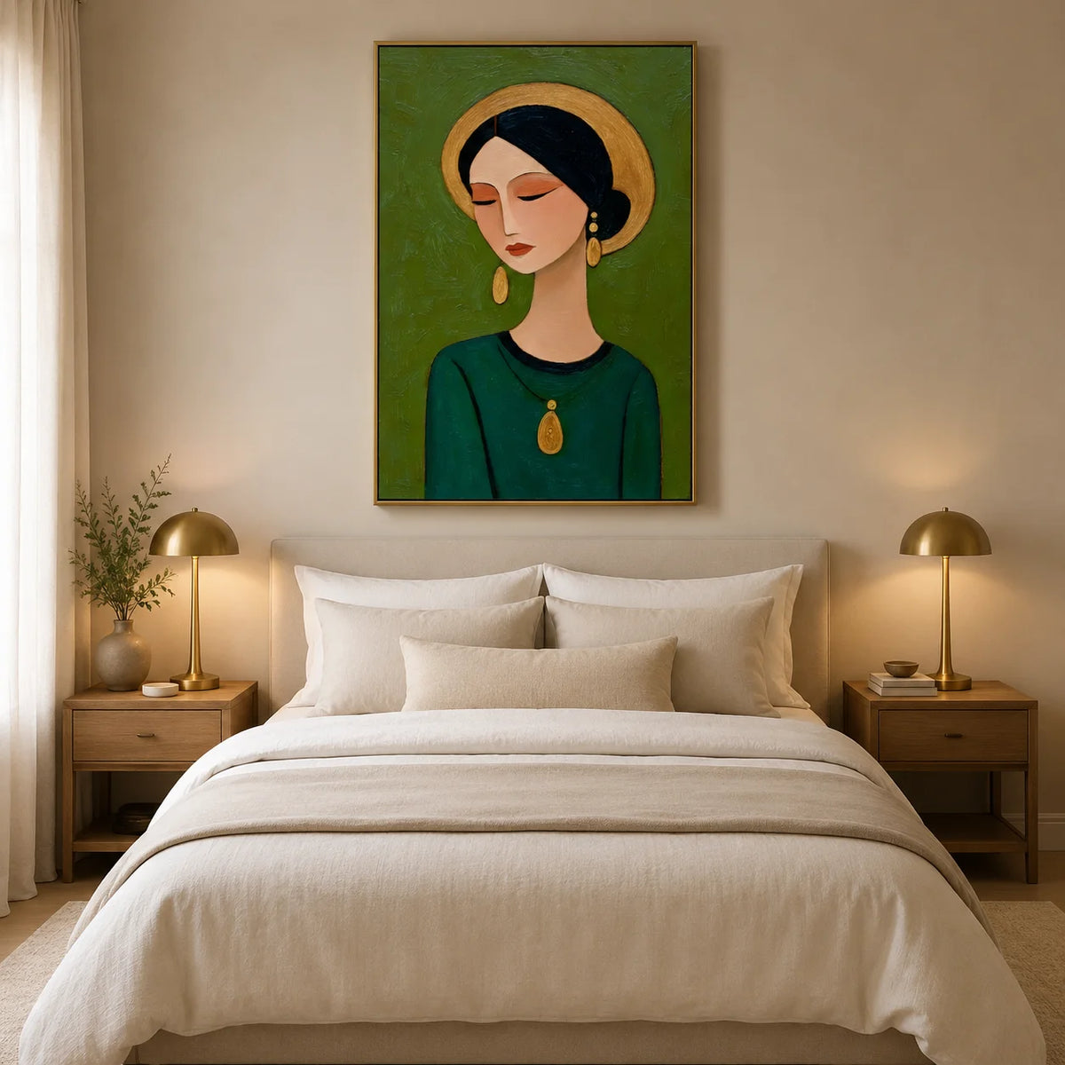 Hand-Painted Female Portrait Oil Painting, Textured Green Figurative Wall Art for Modern Home Decor