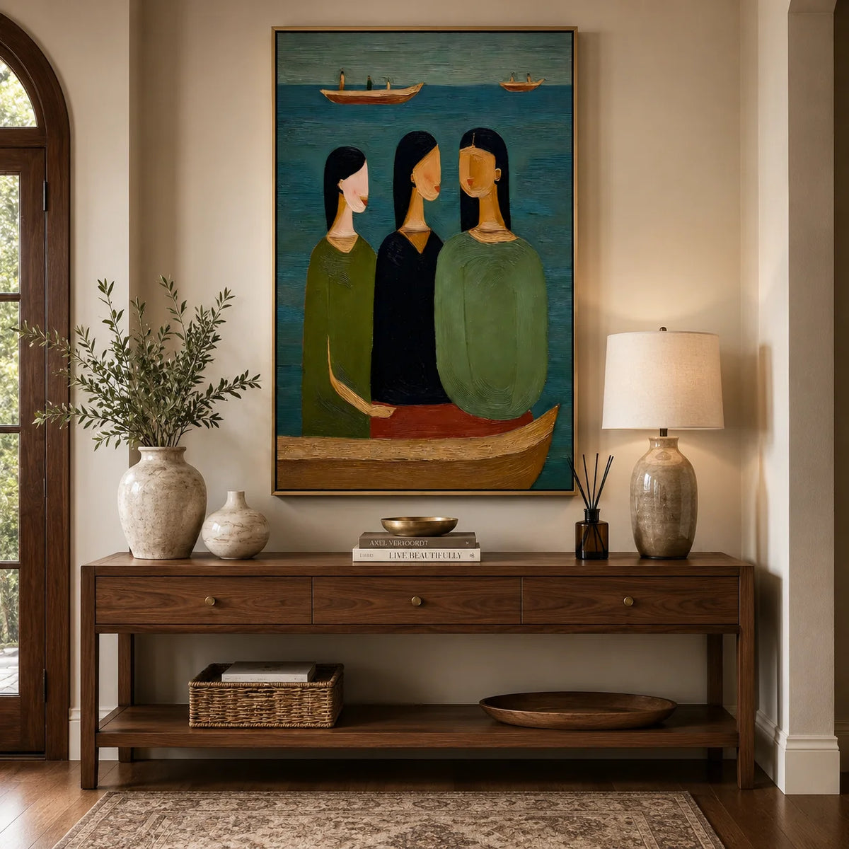 Hand-Painted Figurative Oil Painting, Textured Boat Portrait Wall Art for Modern Home Decor