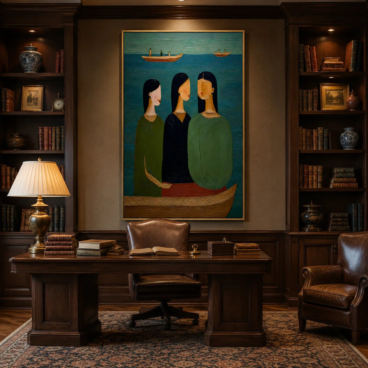 Hand-Painted Figurative Oil Painting, Textured Boat Portrait Wall Art for Modern Home Decor
