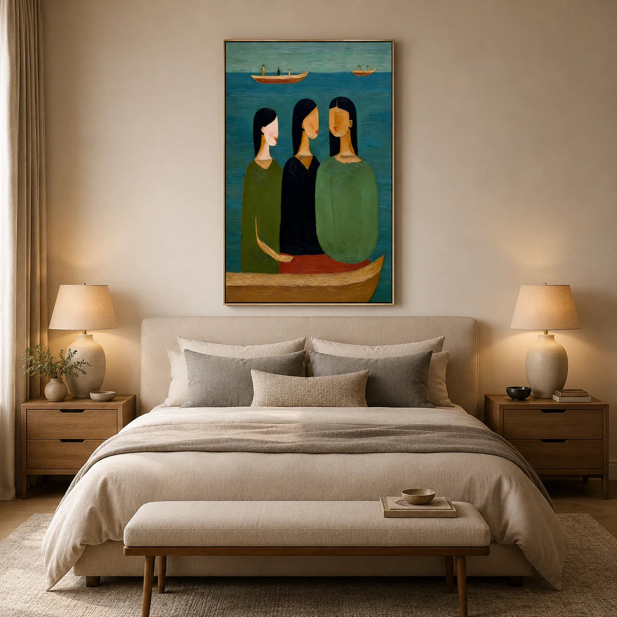 Hand-Painted Figurative Oil Painting, Textured Boat Portrait Wall Art for Modern Home Decor