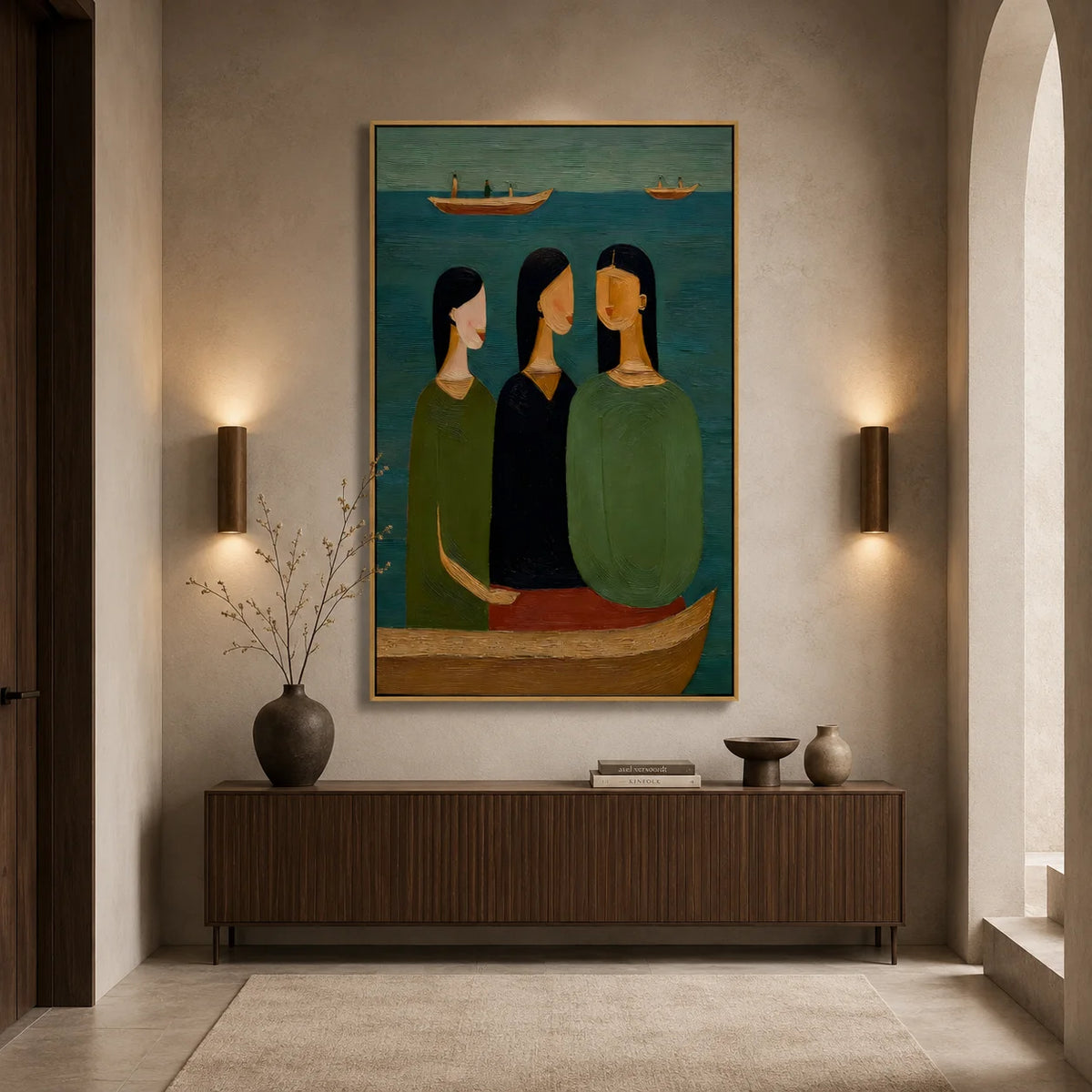 Hand-Painted Figurative Oil Painting, Textured Boat Portrait Wall Art for Modern Home Decor