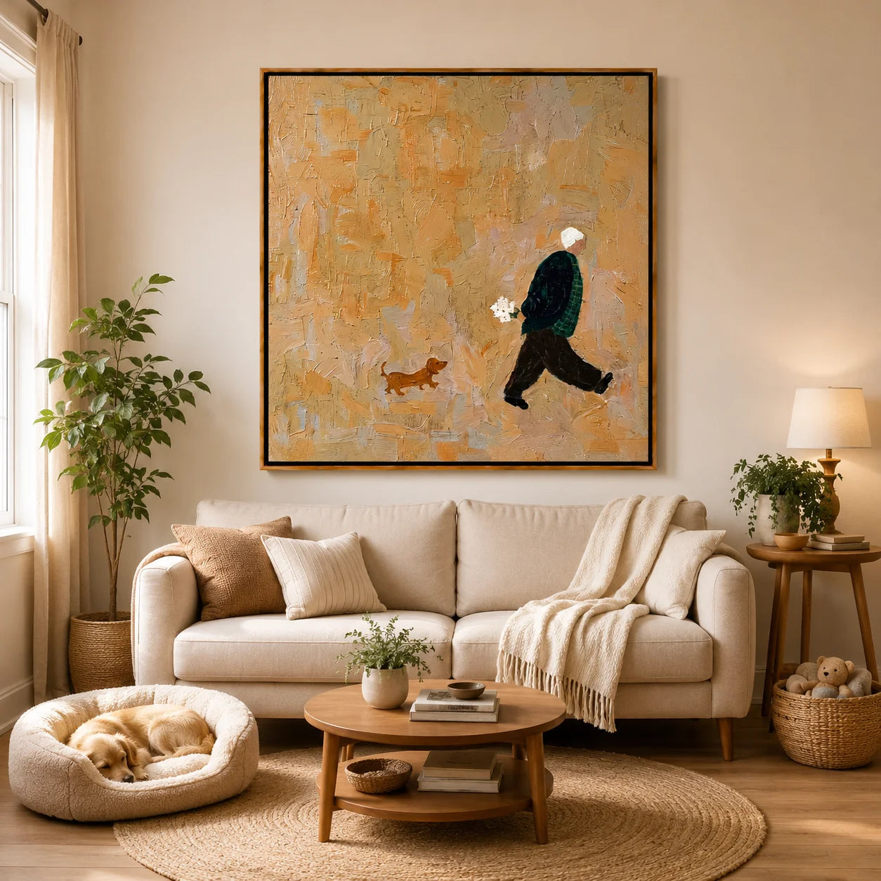 Hand-Painted Figure and Dog Oil Painting | Modern Abstract Figurative Pet Wall Art in Warm Beige Textured Style#OA 1012